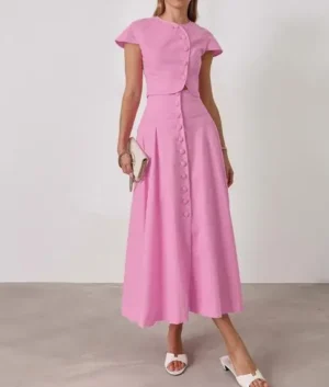 Summer Pink Cotton High Waist V-Neck Skirt Set Fashionable Slimming Solid Color Button Round Neck Short Sleeve A-Line Skirt Set - Image 3
