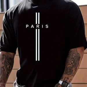 Men's 100% Pure Cotton Summer Loose Fitting Oversized Paris Print Casual Slim Fit Round Neck Short Sleeved T-shirt Top