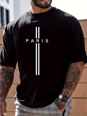 Men's 100% Pure Cotton Summer Loose Fitting Oversized Paris Print Casual Slim Fit Round Neck Short Sleeved T-shirt Top