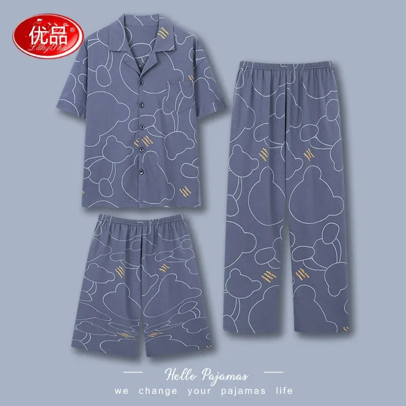 Men's Three-Piece Sleepwear Set Summer Lightweight Short Sleeve Long Pants Pure Cotton Cartoon Home Clothes plus Size
