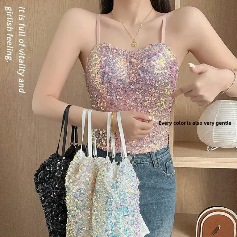 Shiny Sequin Fixed Chest Pad Short Crop Top Women's Strap Vest Tight Sexy Spicy Girl New Hot Sale Of The Season Tighten the Wais - Image 2
