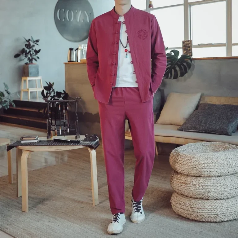 Chinese Style Men's Linen Suit Retro Tang Costume Long Sleeve Youthful Comedian Gown Buttoned Ancient Style Men's Long Pants - Image 4