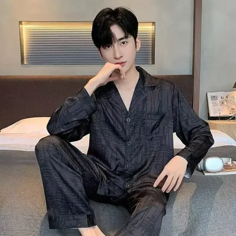 Korean Style Silk Men's Sleepwear Long Sleeve Long Pants Home Clothes Set Ice Silk Large Size Floral Embroidery Cardigan - Image 3