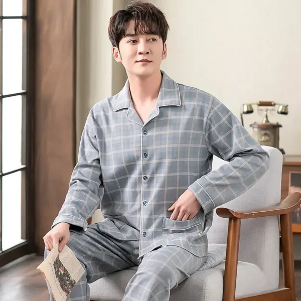 Men's Cotton Pajamas Long Sleeve Spring Autumn Winter Home Clothes Thin Thick Style Dad Cardigan Sleepwear Home Comfortable - Image 2