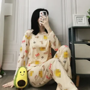 Autumn Winter Long Sleeve Sleepwear Women Spring Thin round Neck Cute Duck Simple Korean Version Ladies Home Clothes Set