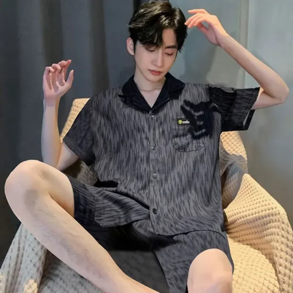 Loose Cotton Pyjamas Set for Men Summer Teenagers Short Sleeve Short Pants Open Cardigan Casual Home Clothes Set - Image 3