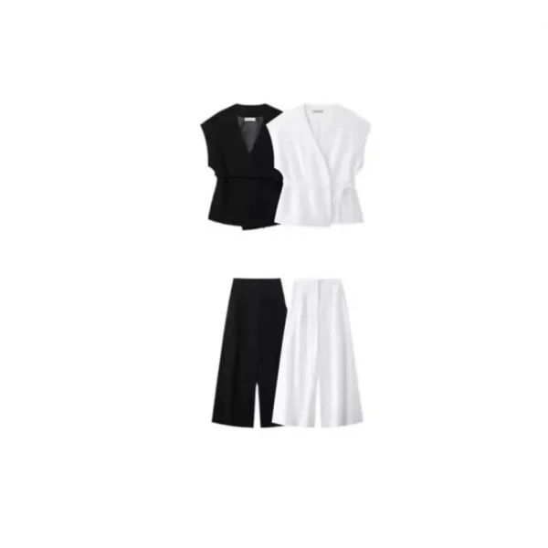 Women's New 2025 Linen Blend Double-breasted Vest 8056586 plus Pleated Pants 2365586 Fashionable Casual Outfit Set