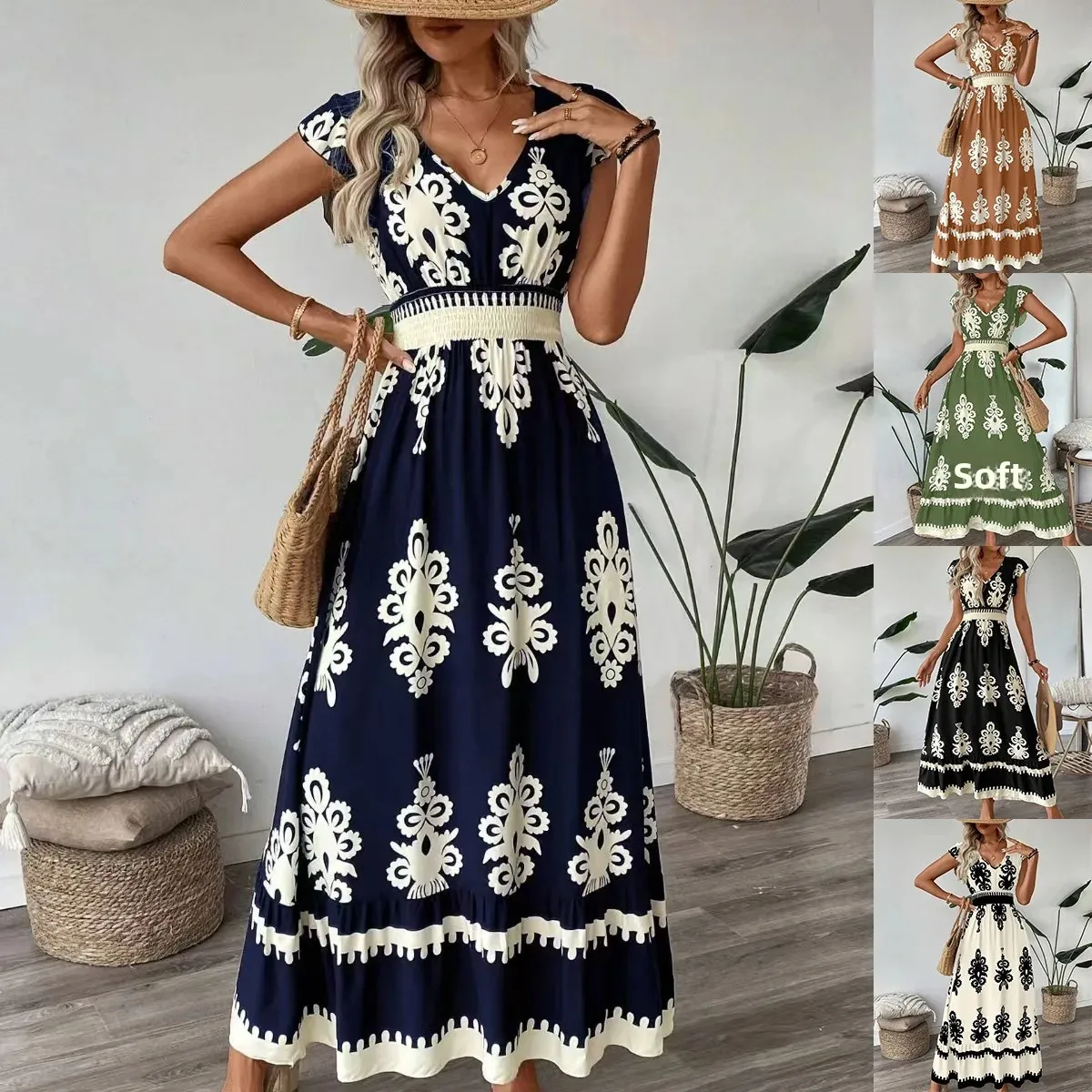New Fashionable Summer Long Printed Neckline Women's Dress Cotton Waist Cinched V-neck Ankle-length Short Sleeve Dress