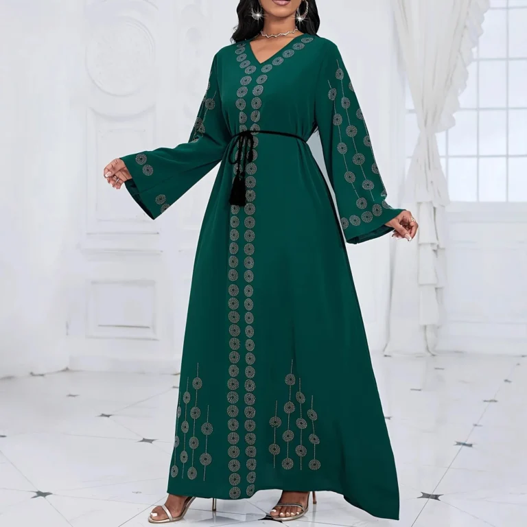 Ladies Long Sleeve V-Neck Printed Gown with Waist Cord Middle East Style Muslim Fashion Women's Dress Elegant Casual Gown - Image 2