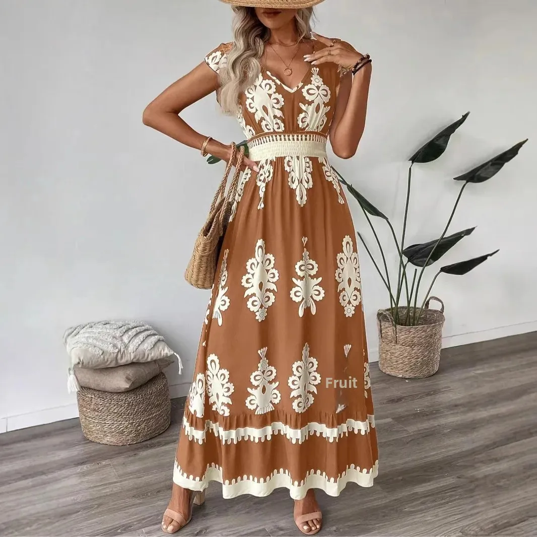 New Fashionable Summer Long Printed Neckline Women's Dress Cotton Waist Cinched V-neck Ankle-length Short Sleeve Dress - Image 3