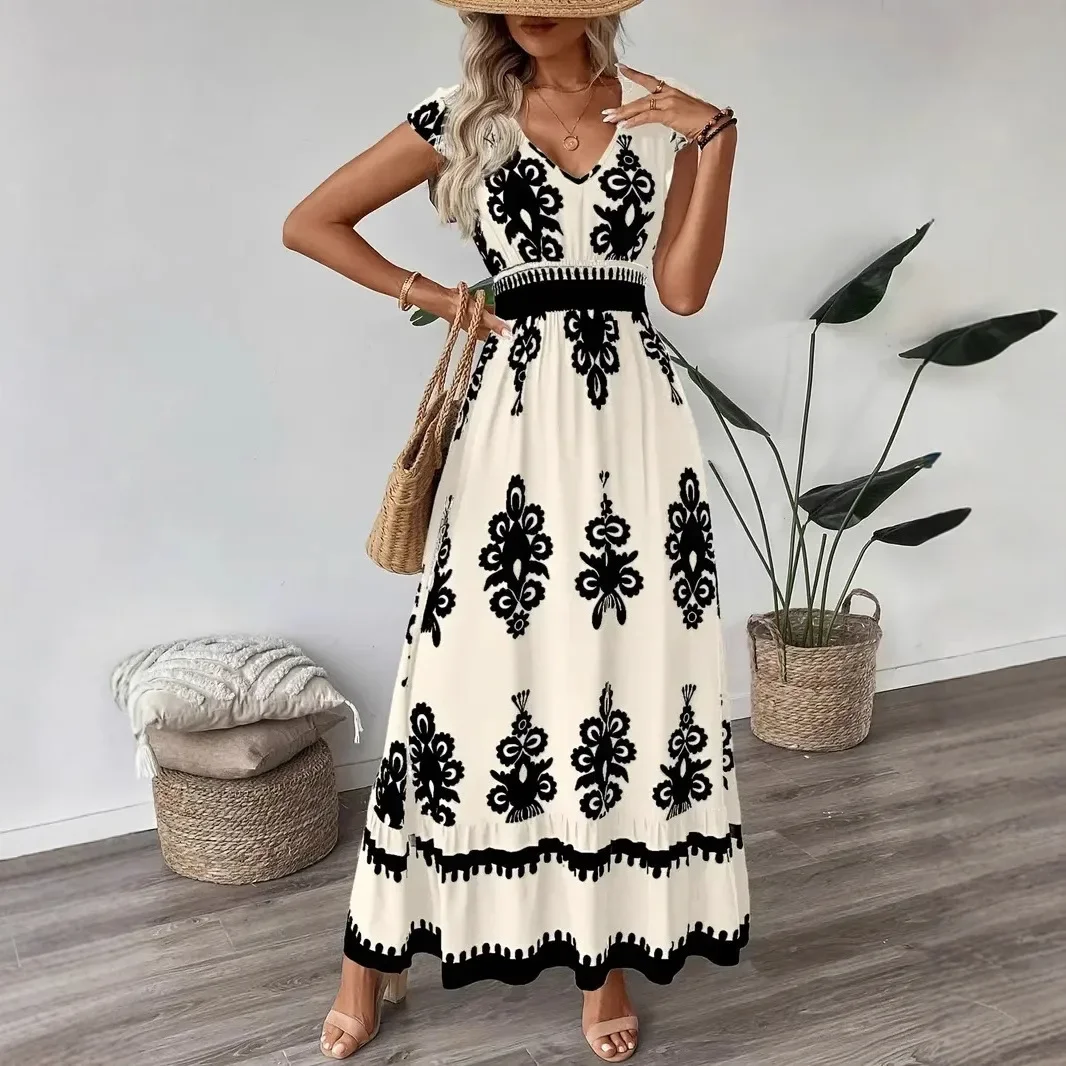 New Fashionable Summer Long Printed Neckline Women's Dress Cotton Waist Cinched V-neck Ankle-length Short Sleeve Dress - Image 4