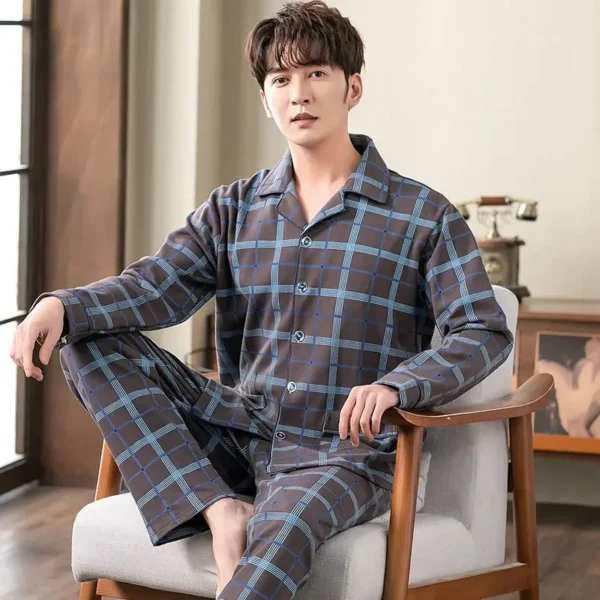 Men's Cotton Pajamas Long Sleeve Spring Autumn Winter Home Clothes Thin Thick Style Dad Cardigan Sleepwear Home Comfortable - Image 3