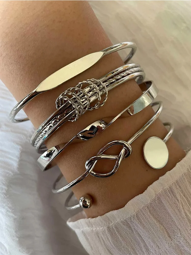 5Pcs Set Gold/Silver Color Fashion Charm Bracelet Women Retro Glossy Geometric Metal Twist Chain Bangles Bracelet Set Jewelry - Image 5