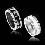 Couple's Wide Single Row Diamond Embedded Ceramic Titanium Steel Ring Black White Titanium Steel Finger Ring Jewelry Accessory