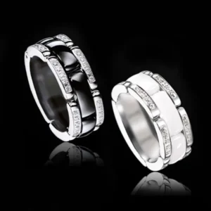 Couple's Wide Single Row Diamond Embedded Ceramic Titanium Steel Ring Black White Titanium Steel Finger Ring Jewelry Accessory