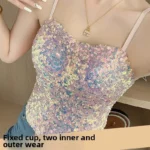 Shiny Sequin Fixed Chest Pad Short Crop Top Women's Strap Vest Tight Sexy Spicy Girl New Hot Sale Of The Season Tighten the Wais