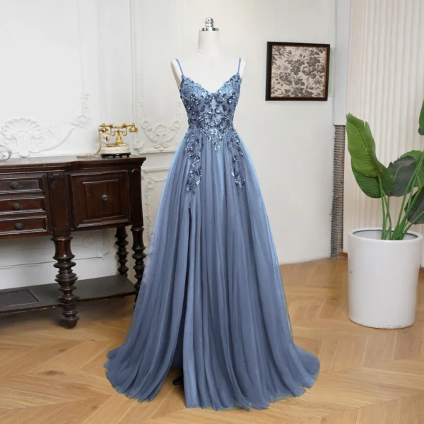 MisShow Sling Evening Dresses Sexy Spaghetti Straps V-Neck Illusion Sequins Appliques Prom Dress A-Line Train High Split Gowns