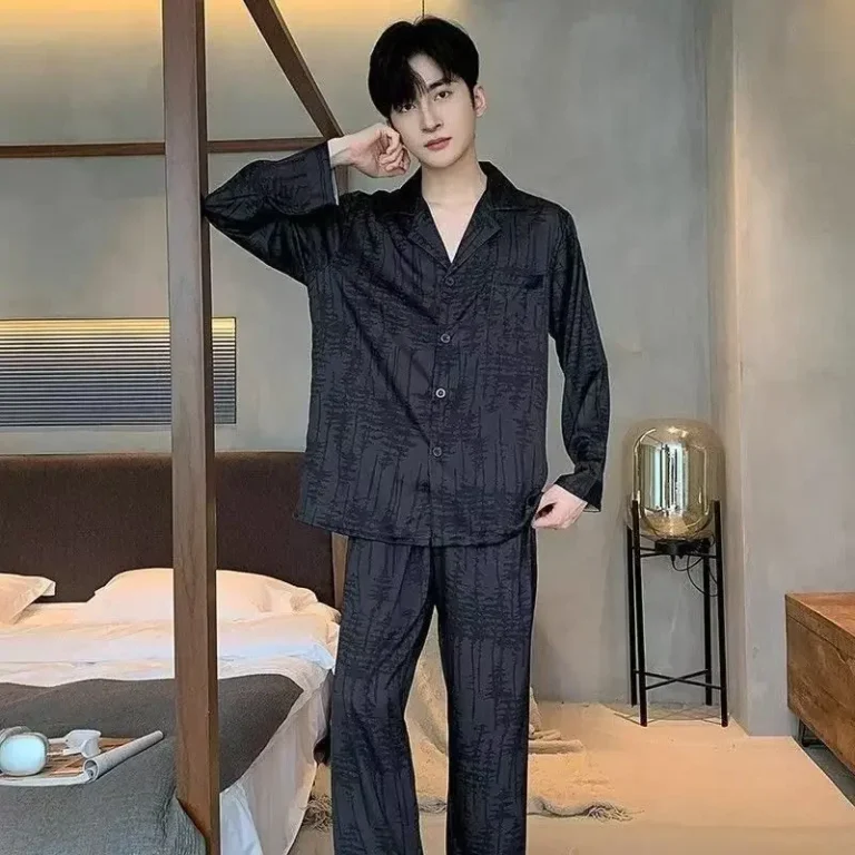 Korean Style Silk Men's Sleepwear Long Sleeve Long Pants Home Clothes Set Ice Silk Large Size Floral Embroidery Cardigan - Image 4