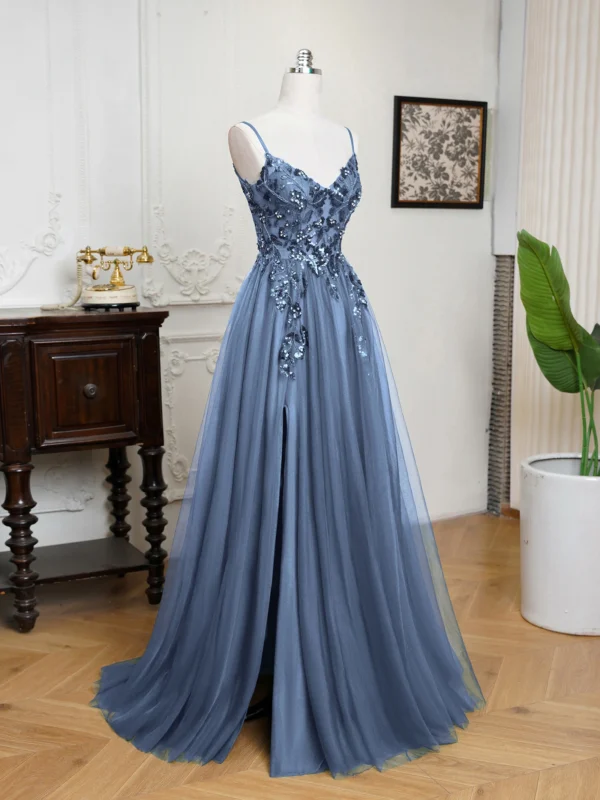 MisShow Sling Evening Dresses Sexy Spaghetti Straps V-Neck Illusion Sequins Appliques Prom Dress A-Line Train High Split Gowns - Image 2