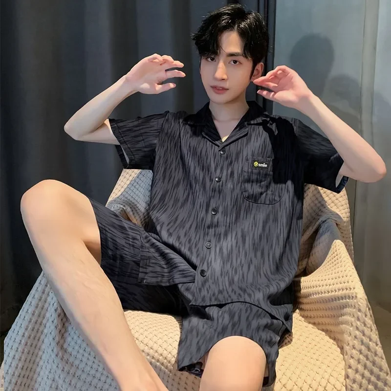 Loose Cotton Pyjamas Set for Men Summer Teenagers Short Sleeve Short Pants Open Cardigan Casual Home Clothes Set