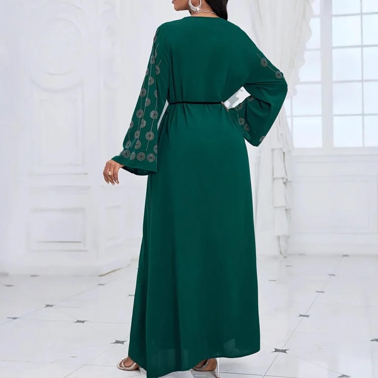 Ladies Long Sleeve V-Neck Printed Gown with Waist Cord Middle East Style Muslim Fashion Women's Dress Elegant Casual Gown - Image 4