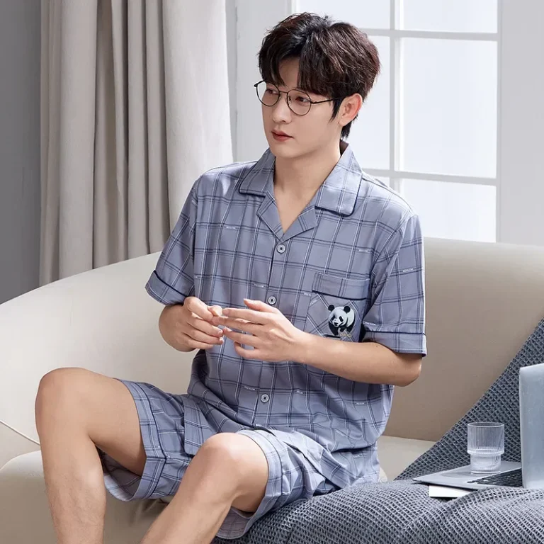 Men's Summer Cotton Pajamas Short Sleeve Shorts Home Clothes Silk Pure Color Air Conditioning Suit Simple Style Youth Home Cloth - Image 4