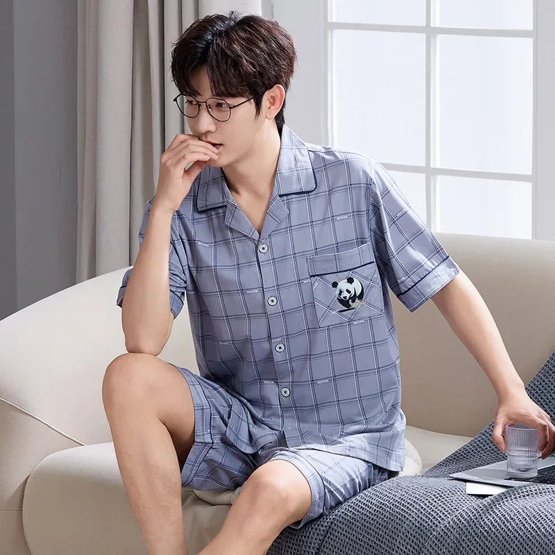 Men's Summer Cotton Pajamas Short Sleeve Shorts Home Clothes Silk Pure Color Air Conditioning Suit Simple Style Youth Home Cloth