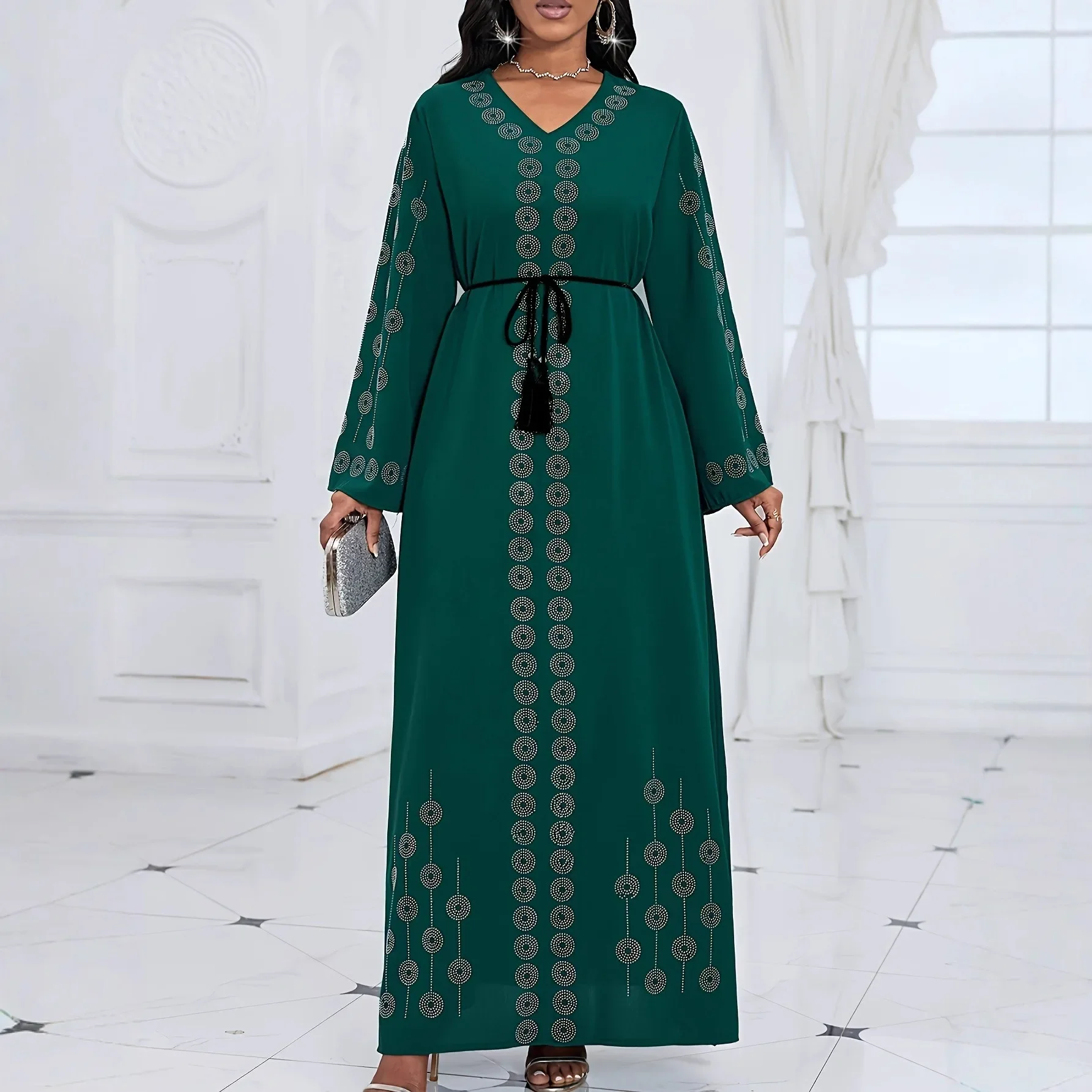 Ladies Long Sleeve V-Neck Printed Gown with Waist Cord Middle East Style Muslim Fashion Women's Dress Elegant Casual Gown