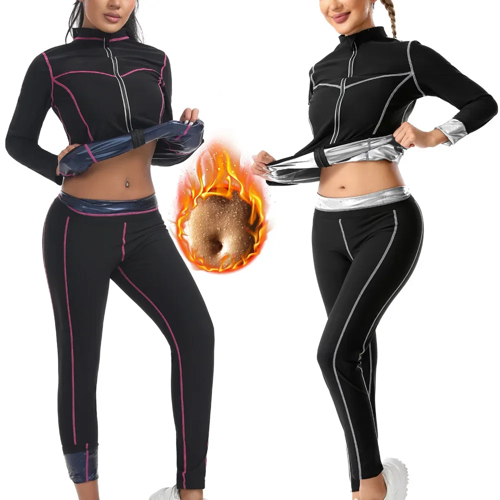 Women's Sauna Suit Set Sweat Outfit Fitness Training Running Wear Body Shaping Clothing Patchwork Lines Slimming Underwear