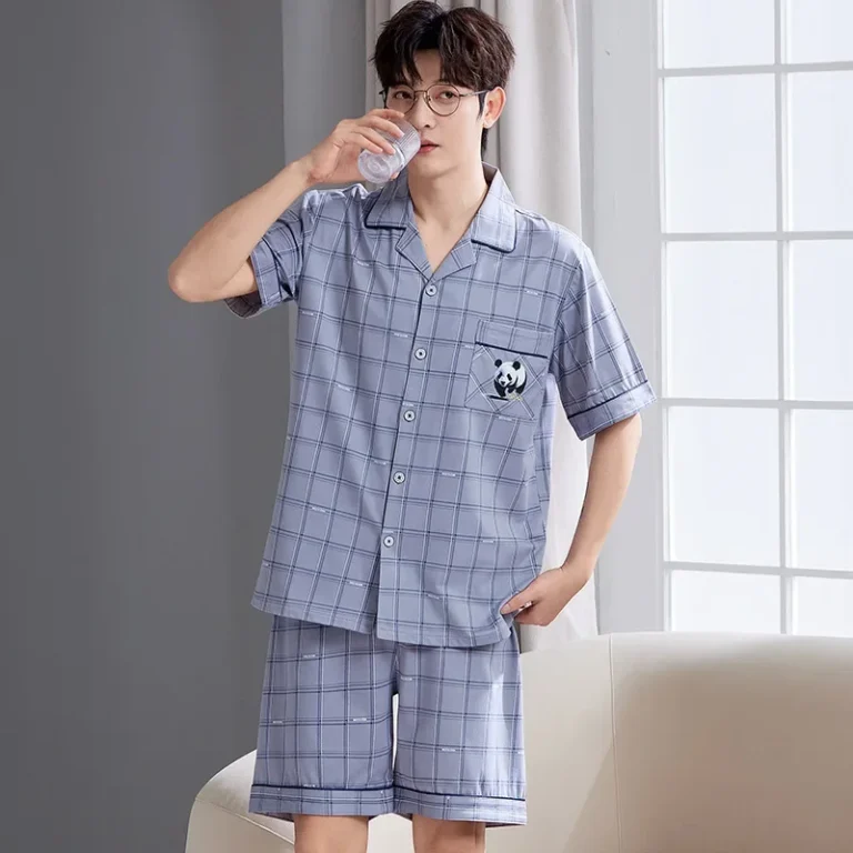 Men's Summer Cotton Pajamas Short Sleeve Shorts Home Clothes Silk Pure Color Air Conditioning Suit Simple Style Youth Home Cloth - Image 3