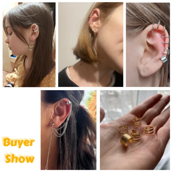 Gold Silver Color Leaves Clip Earring for Women Men Creative Simple C Ear Cuff Non-Piercing Ear Ear Clip Set Trendy Jewelry Gift - Image 3