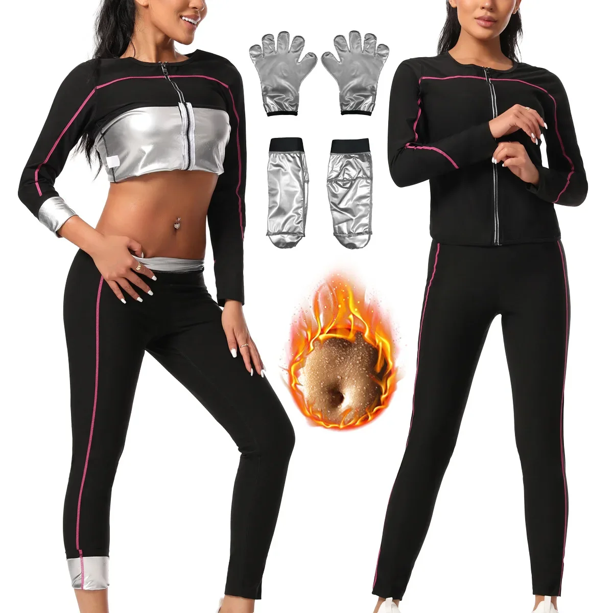 Women's Long Sleeve Fitness Sauna Suit Sweat Absorbing Outdoor Running Sportswear Slimming Body Shaping Underwear Set