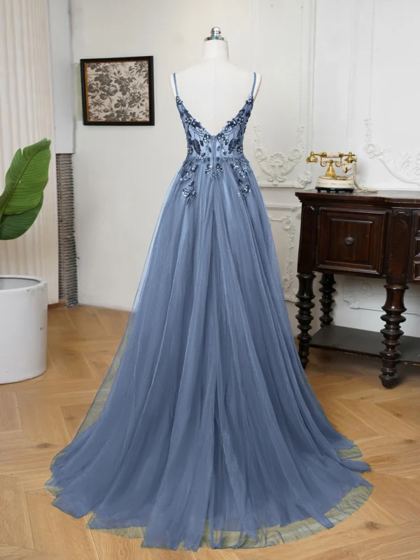 MisShow Sling Evening Dresses Sexy Spaghetti Straps V-Neck Illusion Sequins Appliques Prom Dress A-Line Train High Split Gowns - Image 4