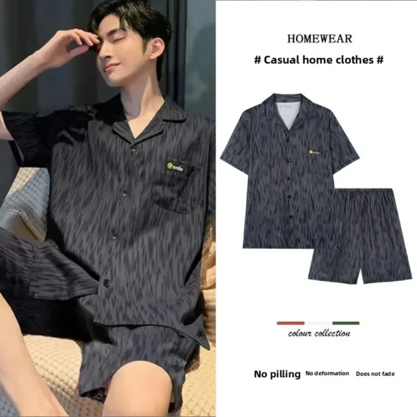 Loose Cotton Pyjamas Set for Men Summer Teenagers Short Sleeve Short Pants Open Cardigan Casual Home Clothes Set - Image 4