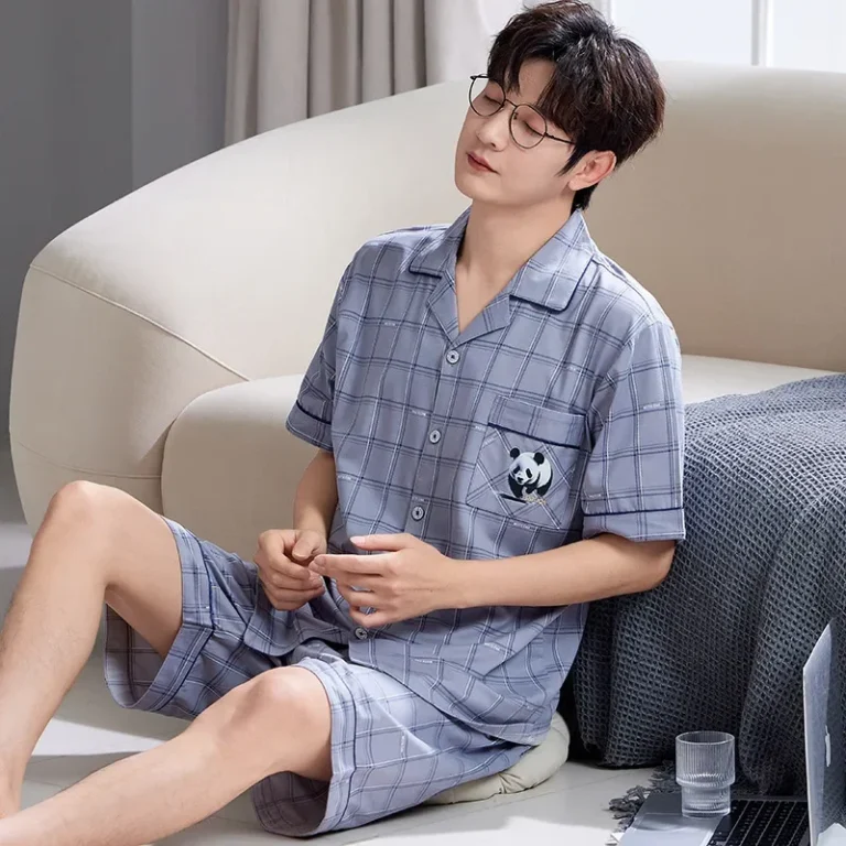 Men's Summer Cotton Pajamas Short Sleeve Shorts Home Clothes Silk Pure Color Air Conditioning Suit Simple Style Youth Home Cloth - Image 2