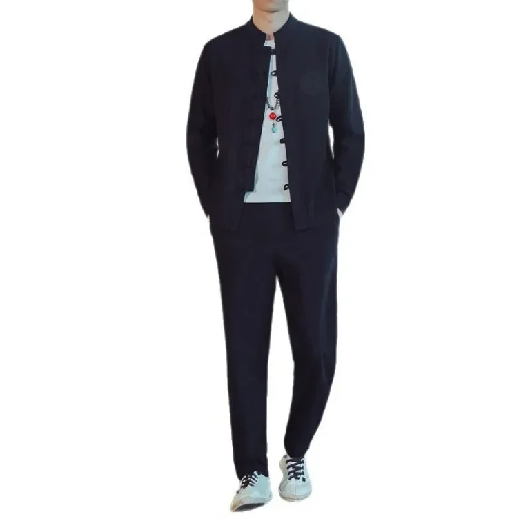 Chinese Style Men's Linen Suit Retro Tang Costume Long Sleeve Youthful Comedian Gown Buttoned Ancient Style Men's Long Pants - Image 5