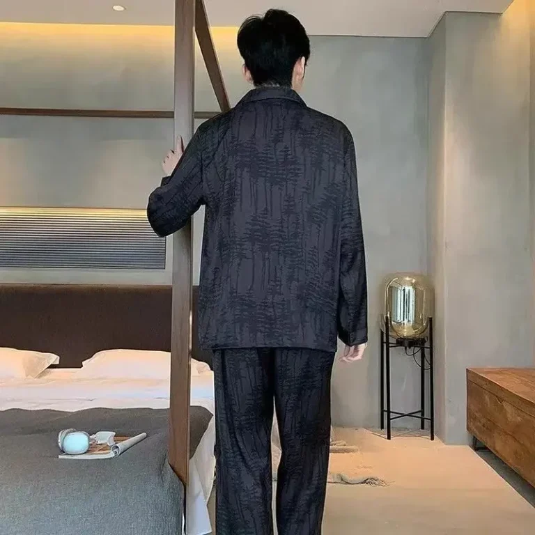 Korean Style Silk Men's Sleepwear Long Sleeve Long Pants Home Clothes Set Ice Silk Large Size Floral Embroidery Cardigan - Image 5