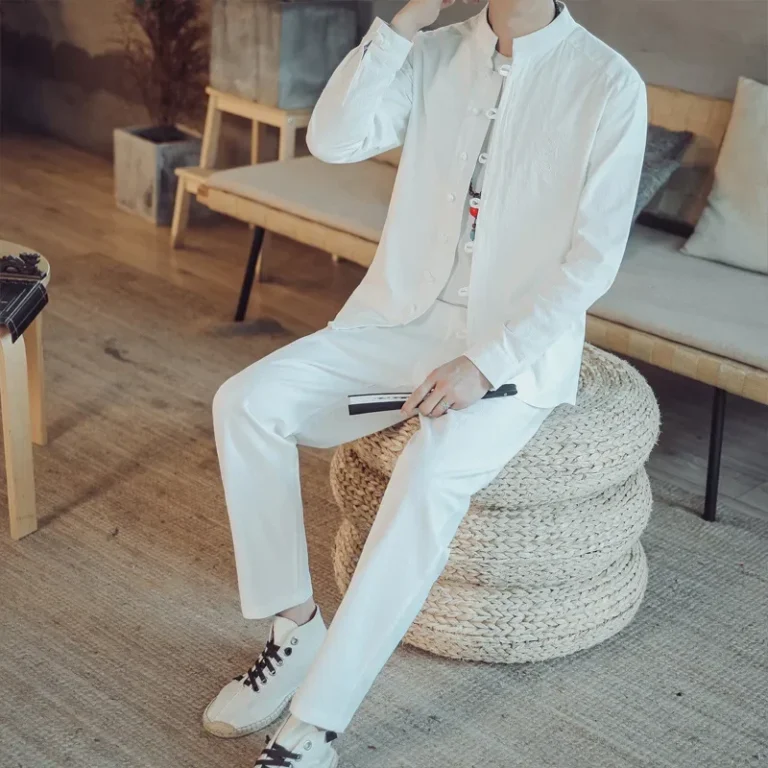 Chinese Style Men's Linen Suit Retro Tang Costume Long Sleeve Youthful Comedian Gown Buttoned Ancient Style Men's Long Pants - Image 2