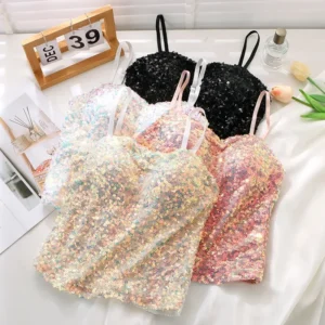 Fashionable Sexy Crop Top Women's Slim Fit Sequin Bright Color Strap Vest Hot Sale Trendy Underwear Home Clothes