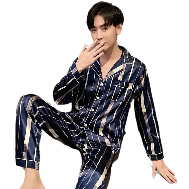 Spring Autumn Thin Ice Silk Sleepwear Long Sleeve Pants Set for Men V-Neck Home Clothes Lightweight Comfortable Size plus - Image 5