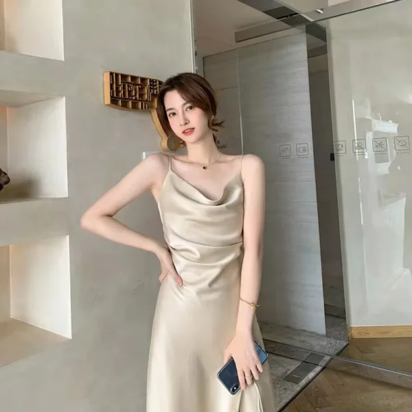 Chiffon Fabric Strap Midi Dress Women's Summer New Gentle Wind Slim Waist A- Line Skirt Polyester Fiber Sleeveless Knee-Length - Image 3
