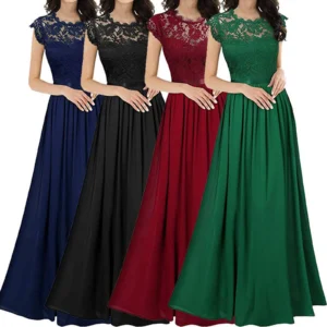 New Women's Evening Lace Dress Elegant Bridesmaid's Long Dress Swing Dress Female Short Sleeved Retro Club Party Vestidos