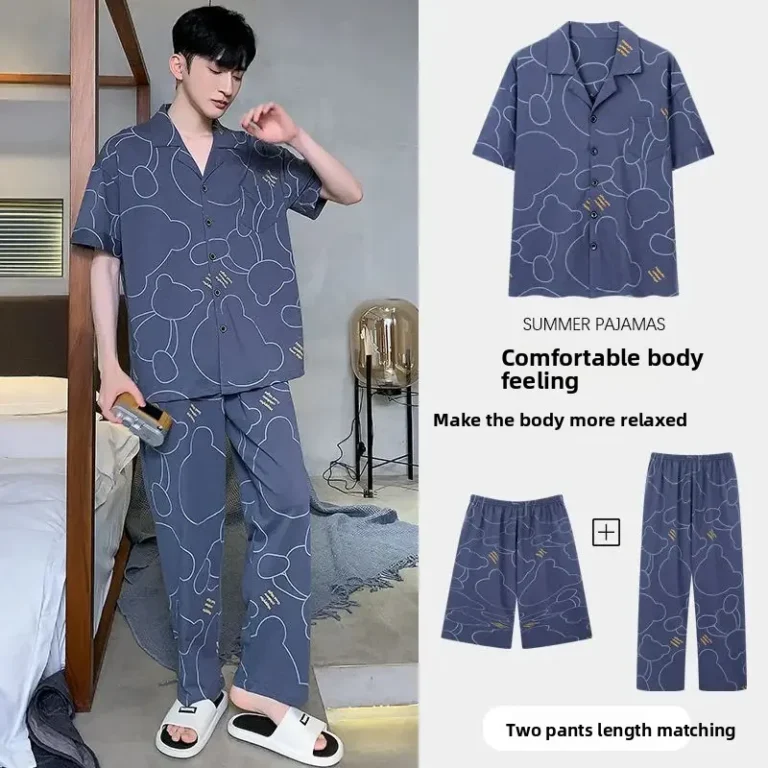 Men's Three-Piece Sleepwear Set Summer Lightweight Short Sleeve Long Pants Pure Cotton Cartoon Home Clothes plus Size - Image 2