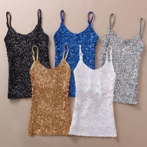Slimming Fashion Sequin Women's Tank Top Versatile Base Layer Shirt Metal Piece Decoration Polyester Fiber Casual Wear