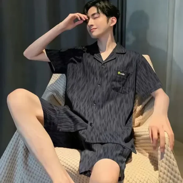Loose Cotton Pyjamas Set for Men Summer Teenagers Short Sleeve Short Pants Open Cardigan Casual Home Clothes Set - Image 2