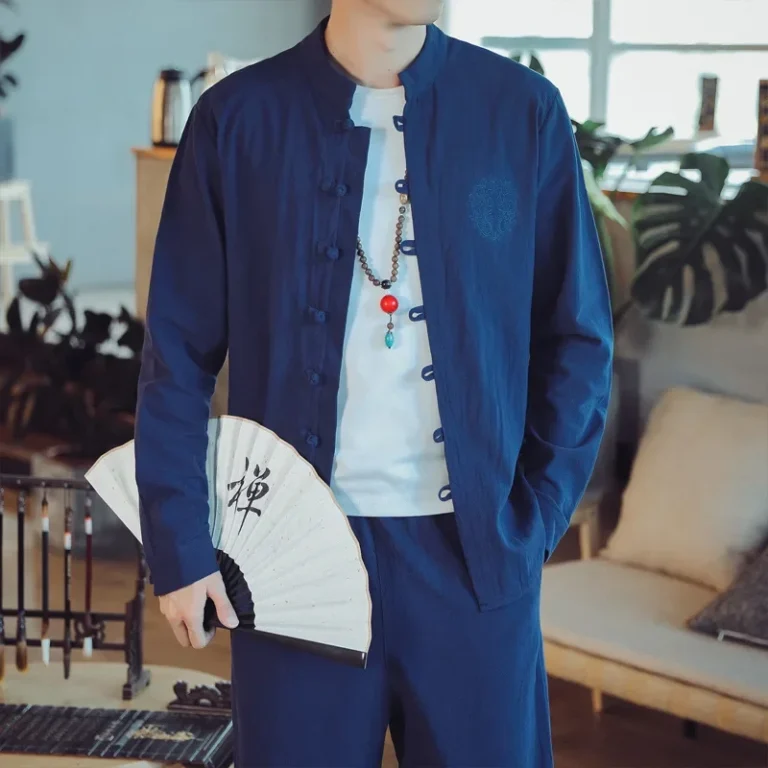Chinese Style Men's Linen Suit Retro Tang Costume Long Sleeve Youthful Comedian Gown Buttoned Ancient Style Men's Long Pants - Image 3
