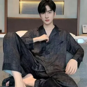 Korean Style Silk Men's Sleepwear Long Sleeve Long Pants Home Clothes Set Ice Silk Large Size Floral Embroidery Cardigan