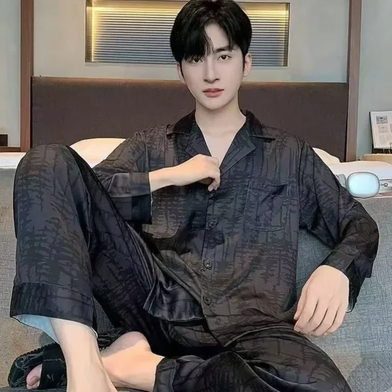 Korean Style Silk Men's Sleepwear Long Sleeve Long Pants Home Clothes Set Ice Silk Large Size Floral Embroidery Cardigan