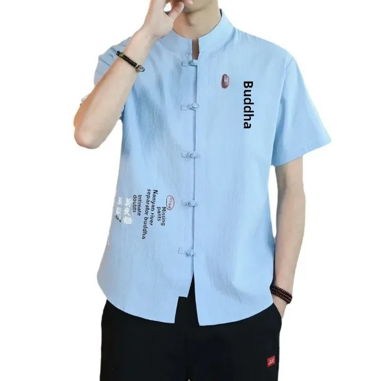 Summer Hot Sale Of The Season New Chinese Style Zen Clothing Cotton Linen Men's Tang Suit Large Size Printed Cross-Border Button - Image 2
