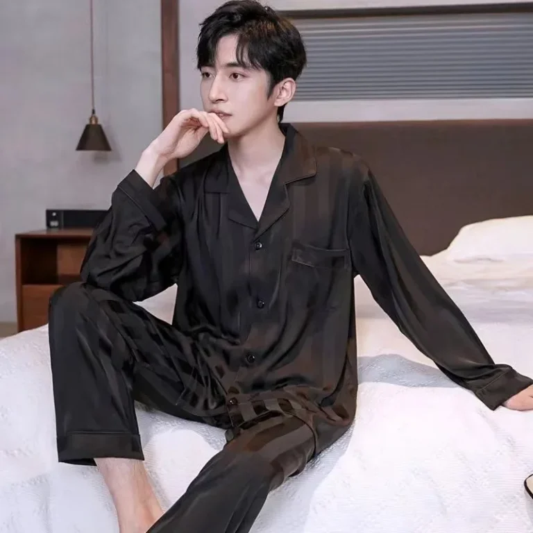 Spring Autumn Thin Ice Silk Sleepwear Long Sleeve Pants Set for Men V-Neck Home Clothes Lightweight Comfortable Size plus - Image 2
